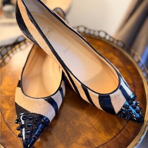 Christian Louboutin Zebra-Print Pointed Toe Studded Flats in Black and Cream